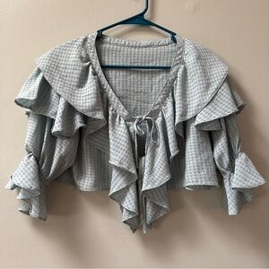 One Way Tie Front Crop Top Free Size Blue Textured Blouse Soft Girl Cottagecore